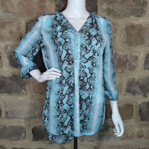 Jennifer & Grace Tunic‎ Top Women Large Blue Brown Snake Print 3/4 Button Nature